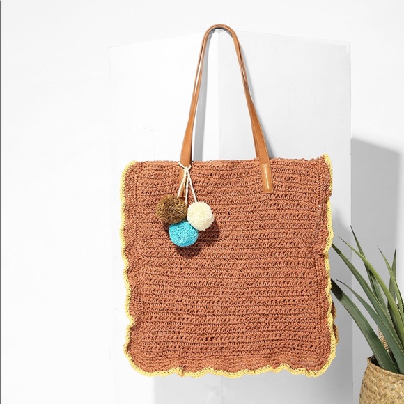 amourOC Handbags - Embellished Double Handle Pom Pom Straw Tote Bag